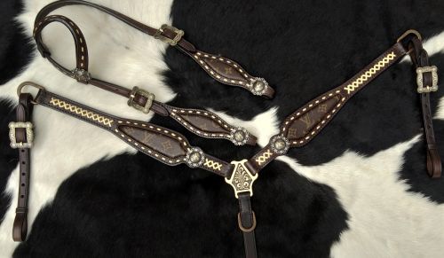 Klassy Cowgirl Argentina Cow Leather Re-Purposed Louis Vuitton Headstall and Breast Collar Set with gold leather lacing #3